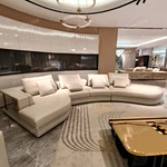 Curved Modular Luxury Sofa Set with Premium Top-Grain Leather, Polished Gold Stainless Steel Frame & Natural Marble Inlay